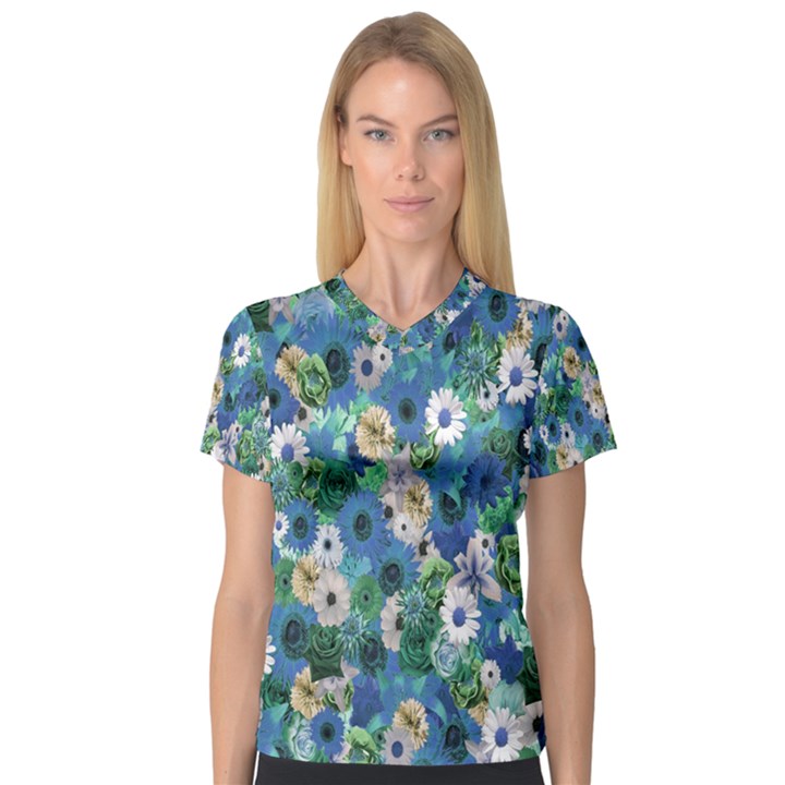 Fantasy Garden Blue V-Neck Sport Mesh Tee