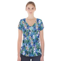 Fantasy Garden Blue Short Sleeve Front Detail Top