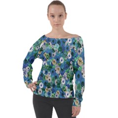 Fantasy Garden Blue Off Shoulder Long Sleeve Velour Top