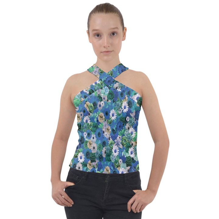 Fantasy Garden Blue Cross Neck Velour Top