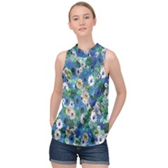 Fantasy Garden Blue High Neck Satin Top