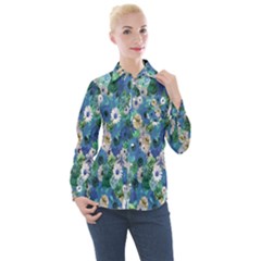 Fantasy Garden Blue Women s Long Sleeve Pocket Shirt