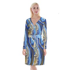 Peinture Acrylique Bleu Long Sleeve Velvet Front Wrap Dress by kcreatif