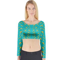 Sakura In Yellow And Colors From The Sea Long Sleeve Crop Top by pepitasart