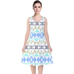 Multicolored Geometric Pattern V-neck Midi Sleeveless Dress 