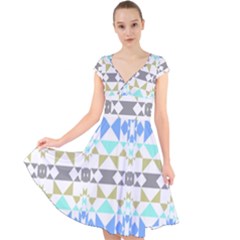 Multicolored Geometric Pattern Cap Sleeve Front Wrap Midi Dress by dflcprintsclothing