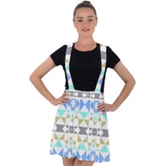 Multicolored Geometric Pattern Velvet Suspender Skater Skirt