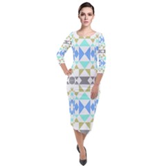 Multicolored Geometric Pattern Quarter Sleeve Midi Velour Bodycon Dress