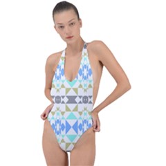 Multicolored Geometric Pattern Backless Halter One Piece Swimsuit