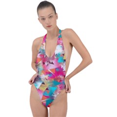 Color Pieces Backless Halter One Piece Swimsuit