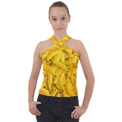 Geometric Bananas Cross Neck Velour Top by Sparkle