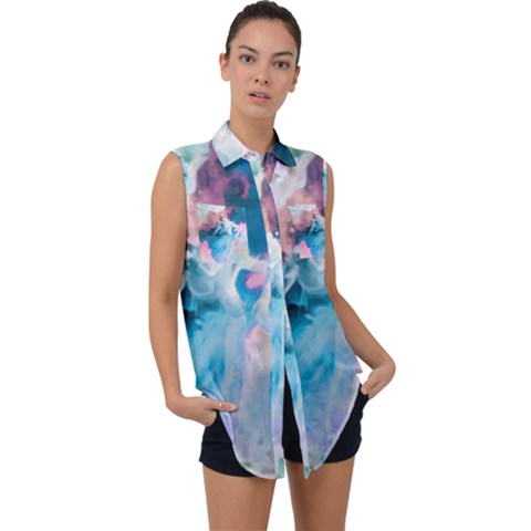 Colorful Beach Sleeveless Chiffon Button Shirt by Sparkle