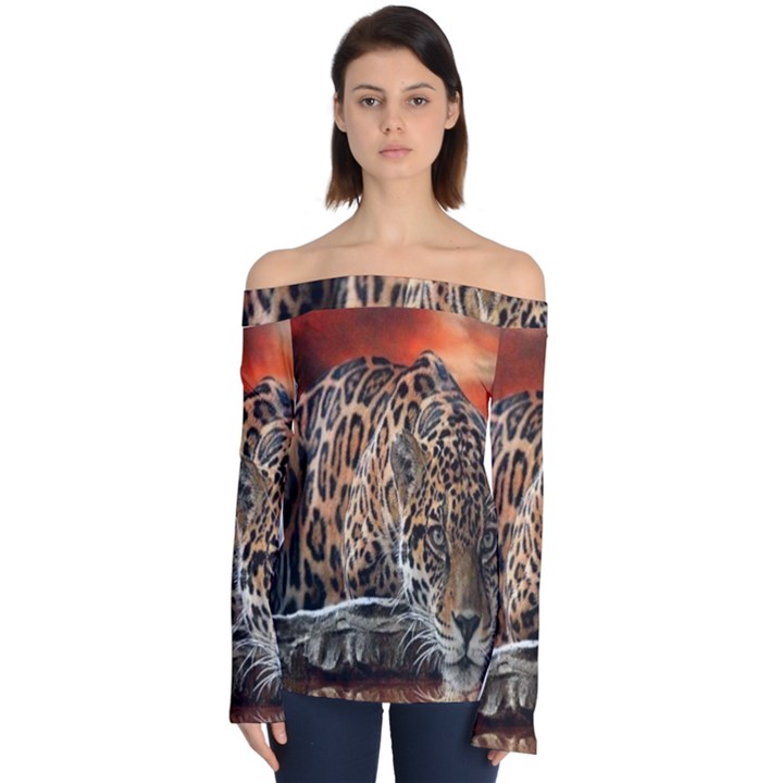 Nature With Tiger Off Shoulder Long Sleeve Top