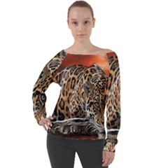 Nature With Tiger Off Shoulder Long Sleeve Velour Top