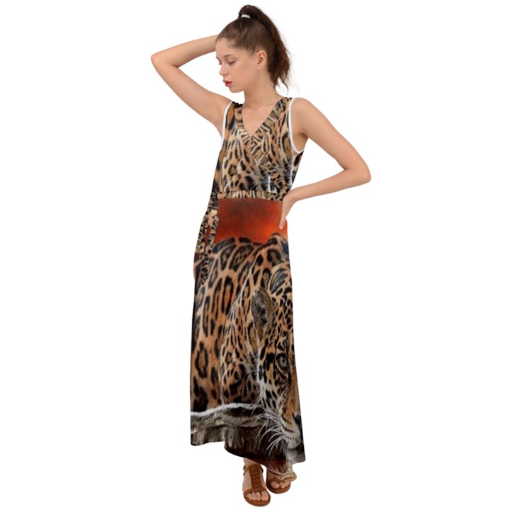 Nature With Tiger V-Neck Chiffon Maxi Dress