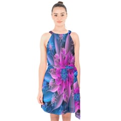 Fractal Flower Halter Collar Waist Tie Chiffon Dress by Sparkle