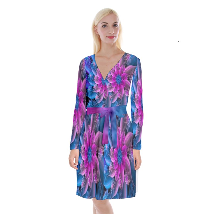 Fractal Flower Long Sleeve Velvet Front Wrap Dress