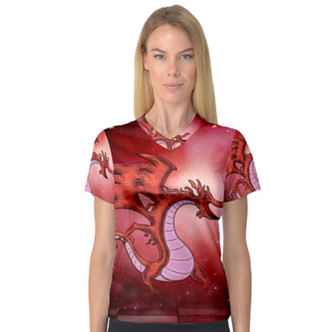 Funny Cartoon Dragon With Butterflies V-neck Sport Mesh Tee by FantasyWorld7