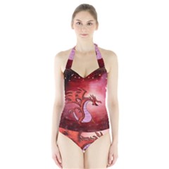 Funny Cartoon Dragon With Butterflies Halter Swimsuit by FantasyWorld7