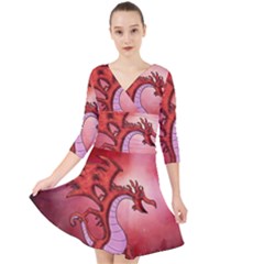 Funny Cartoon Dragon With Butterflies Quarter Sleeve Front Wrap Dress by FantasyWorld7