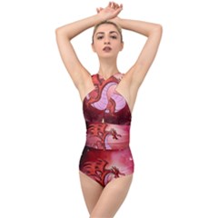 Funny Cartoon Dragon With Butterflies Cross Front Low Back Swimsuit by FantasyWorld7