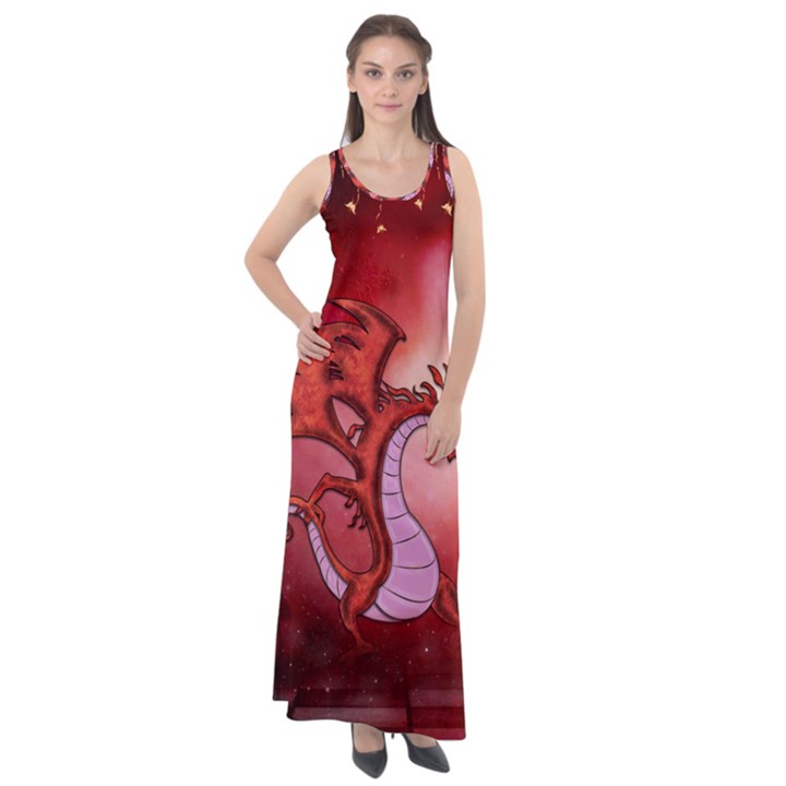 Funny Cartoon Dragon With Butterflies Sleeveless Velour Maxi Dress