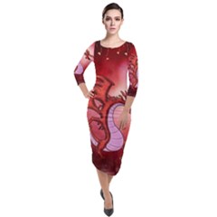 Funny Cartoon Dragon With Butterflies Quarter Sleeve Midi Velour Bodycon Dress by FantasyWorld7