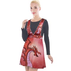 Funny Cartoon Dragon With Butterflies Plunge Pinafore Velour Dress by FantasyWorld7