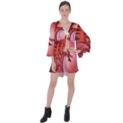 Funny Cartoon Dragon With Butterflies V-neck Flare Sleeve Mini Dress