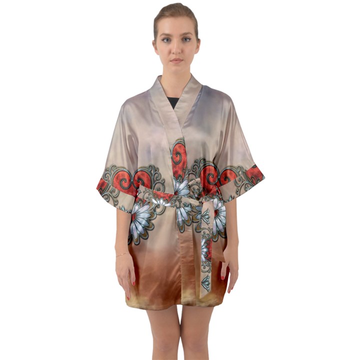 Wonderful Elegant Heart Half Sleeve Satin Kimono 