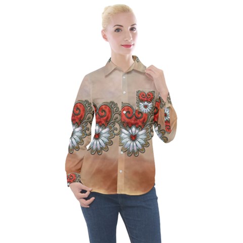 Wonderful Elegant Heart Women s Long Sleeve Pocket Shirt by FantasyWorld7