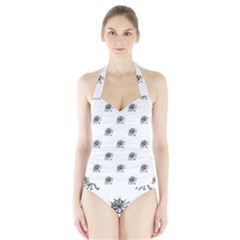 Stylized Black And White Floral Print Halter Swimsuit