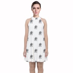 Stylized Black And White Floral Print Velvet Halter Neckline Dress 