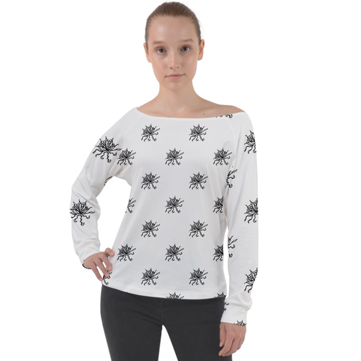 Stylized Black And White Floral Print Off Shoulder Long Sleeve Velour Top