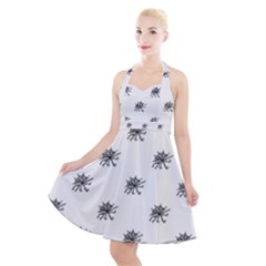 Stylized Black And White Floral Print Halter Party Swing Dress 