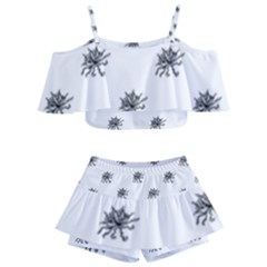 Stylized Black And White Floral Print Kids  Off Shoulder Skirt Bikini