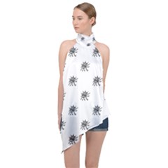 Stylized Black And White Floral Print Halter Asymmetric Satin Top