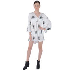 Stylized Black And White Floral Print V-neck Flare Sleeve Mini Dress