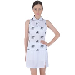 Stylized Black And White Floral Print Women s Sleeveless Polo Tee