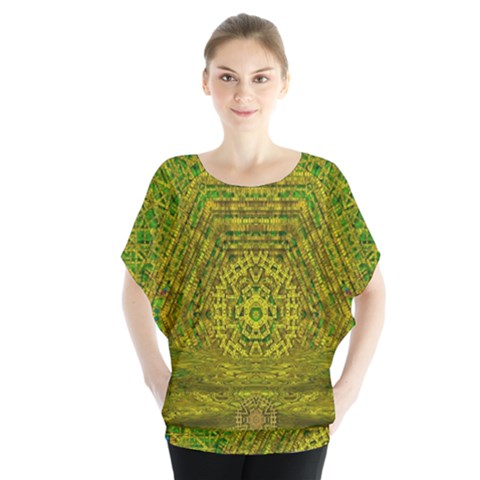 Gold Golden Sunset Mandala Batwing Chiffon Blouse by pepitasart