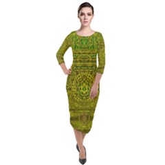 Gold Golden Sunset Mandala Quarter Sleeve Midi Velour Bodycon Dress by pepitasart