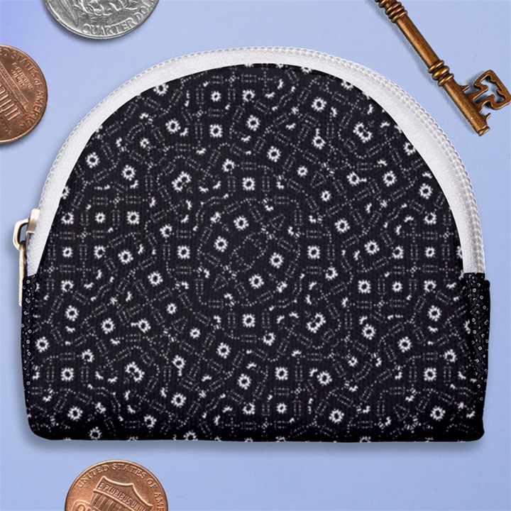 Black And White Intricate Geometric Print Horseshoe Style Canvas Pouch