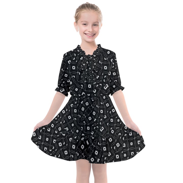 Black And White Intricate Geometric Print Kids  All Frills Chiffon Dress