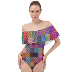 Random Colors Hexagon Off Shoulder Velour Bodysuit  by Sparkle