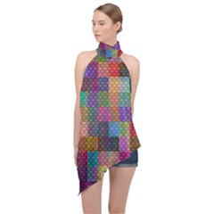 Random Colors Hexagon Halter Asymmetric Satin Top by Sparkle