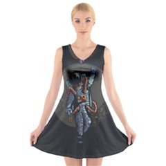 Illustration Drunk Astronaut V-neck Sleeveless Dress by Vaneshart