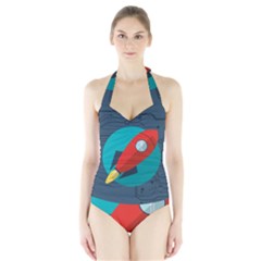 Rocket With Science Related Icons Image Halter Swimsuit by Vaneshart