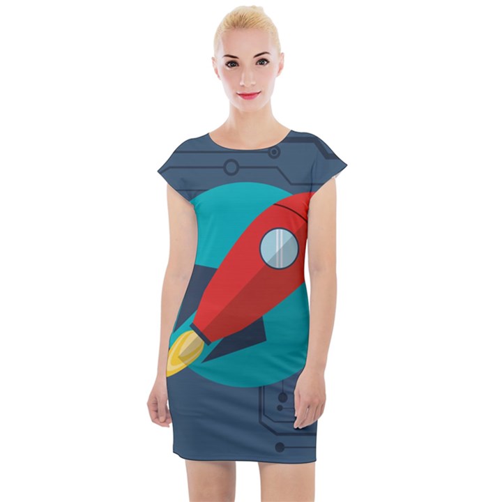 Rocket With Science Related Icons Image Cap Sleeve Bodycon Dress