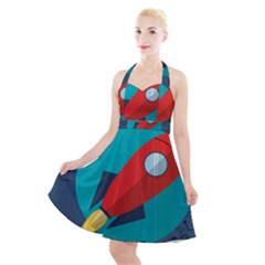 Rocket With Science Related Icons Image Halter Party Swing Dress  by Vaneshart