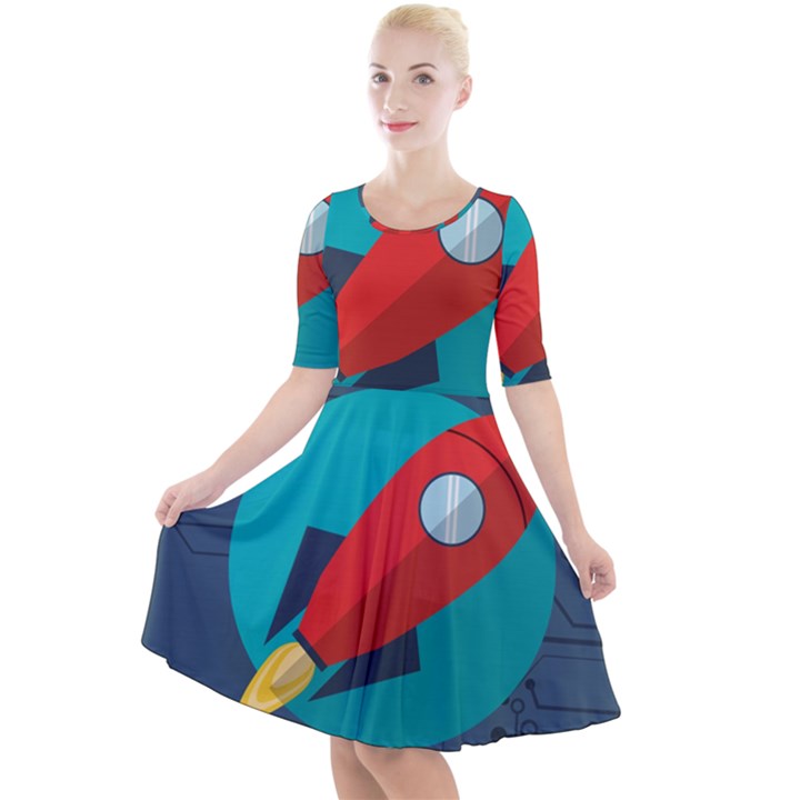 Rocket With Science Related Icons Image Quarter Sleeve A-Line Dress